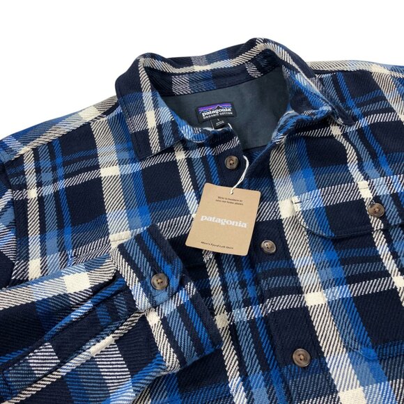 Patagonia Fjord Loft Blanket Shirt Jacket Mens Size L Organic Cotton Blue Plaid - Picture 1 of 10